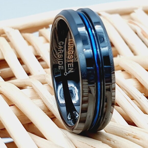 "Black Tungsten Blue Groove Center Womens Wedding Ring, GALTUN803